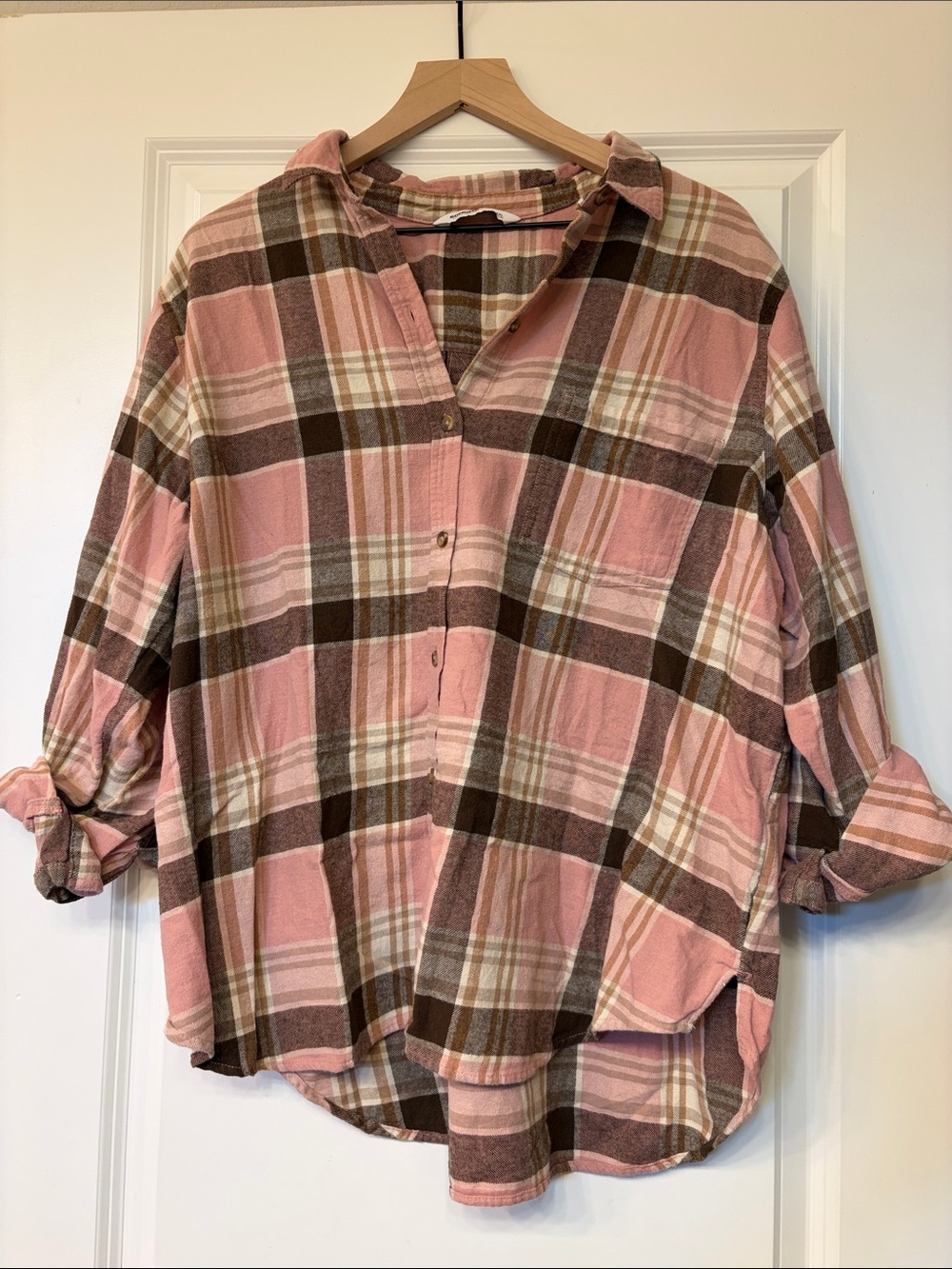 Women's Pink and Brown Plaid Button-Down Shirt